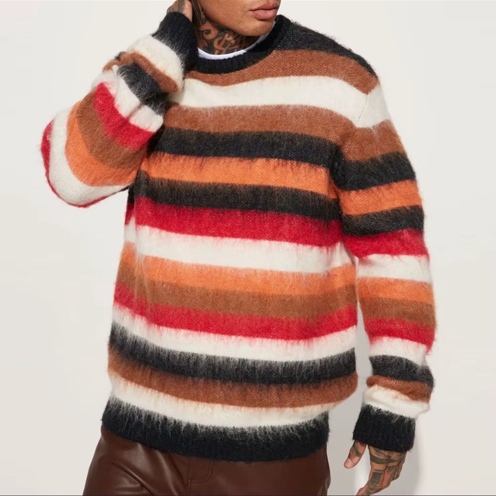 Fashion Nova Fuzzy Multi Color Striped Crew Neck Sweater Pullover Sz XXL